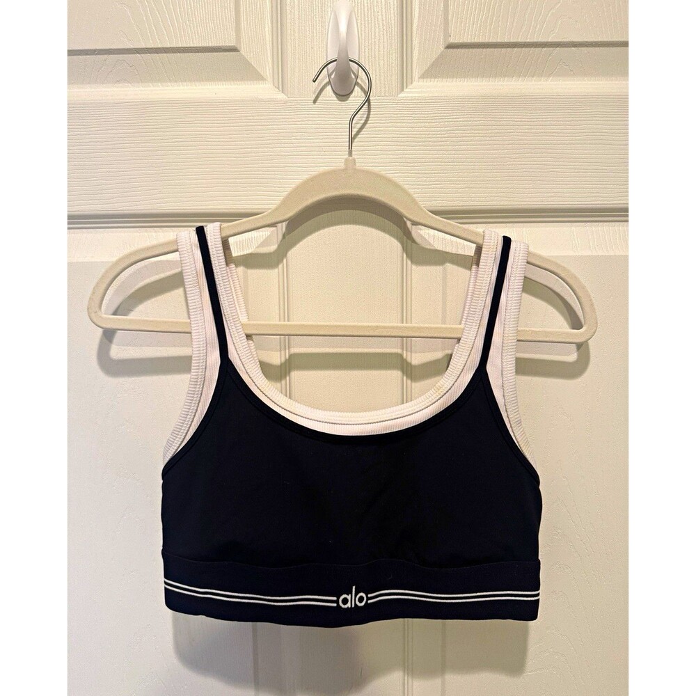 ALO Black/White Logo Sports Bra Wireless Pullover Women's Size M